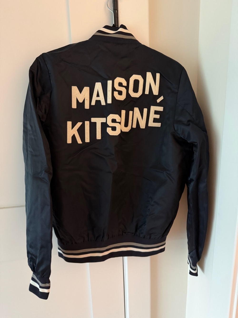 MAISON KITSUNÉ Black Bomber Jacket with White Lettering